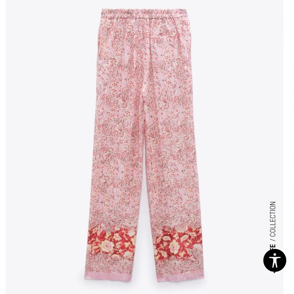ZARA WIDE-LEG PRINTED LINEN BLEND‎ TROUSERS